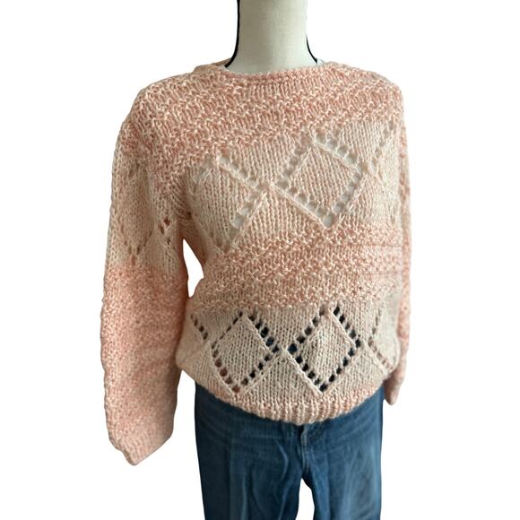 Vintage Tally-Ho Women’s Sweater Pink Diamond Knit Pullover Small 80s Style - Picture 2 of 6
